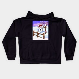 Snowman wearing winter hat  in tranquil winter scenery Kids Hoodie